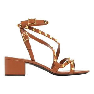 Valentino Rockstud Brown Flair City Ankle Strap Wrap Sandal Block Heel Pump 37
